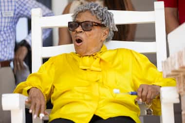 Opal Lee, the Grandmother of Juneteenth, reacts while listening during a ceremony to...