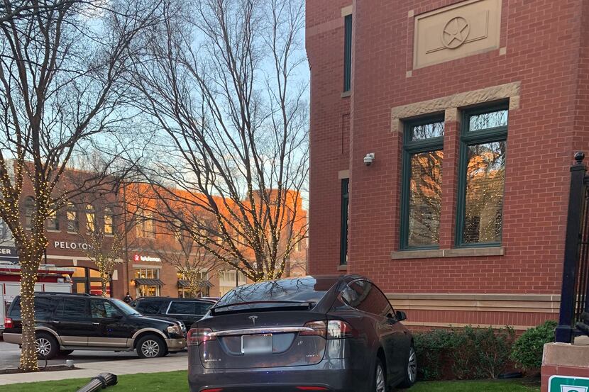 A vehicle jumped the curb at Southlake Town Square on Saturday, taking down electrical poles...