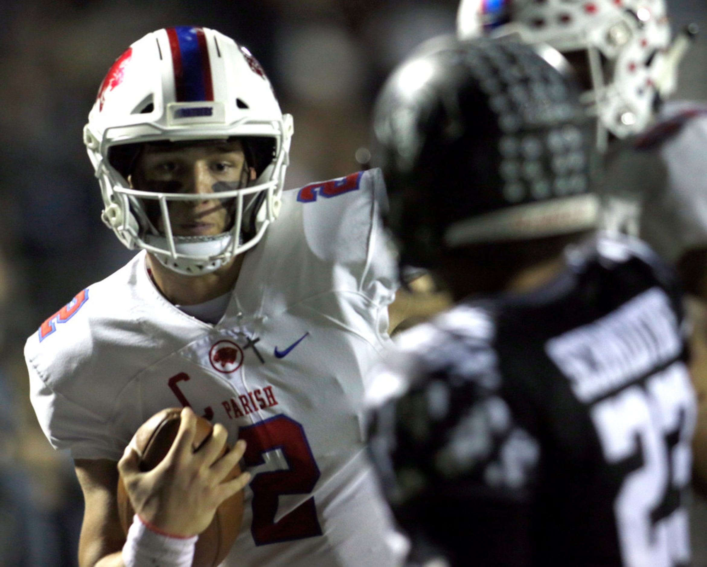 Parish Episcopal quarterback Preston Stone (2) negotiates the final few yards as Bishop...