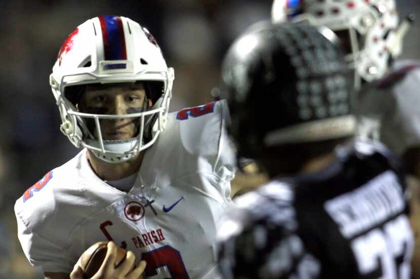 Parish Episcopal quarterback Preston Stone (2) negotiates the final few yards as Bishop...