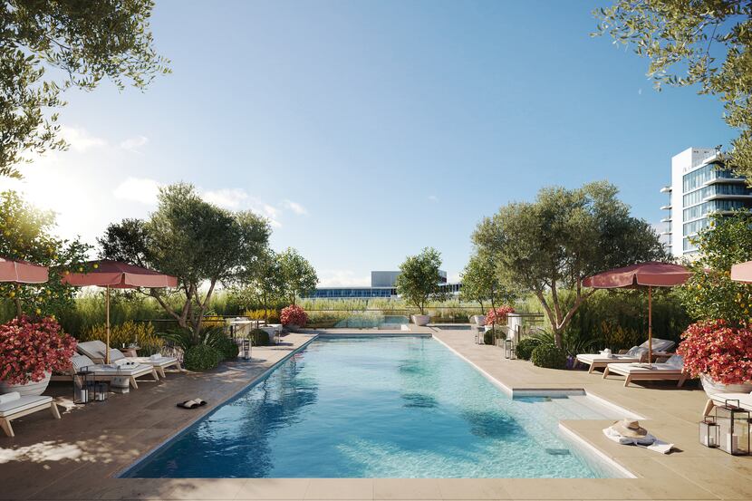 A rendering shows the rooftop pool for homeowners at Rosewood Residences Beverly Hills. Six...