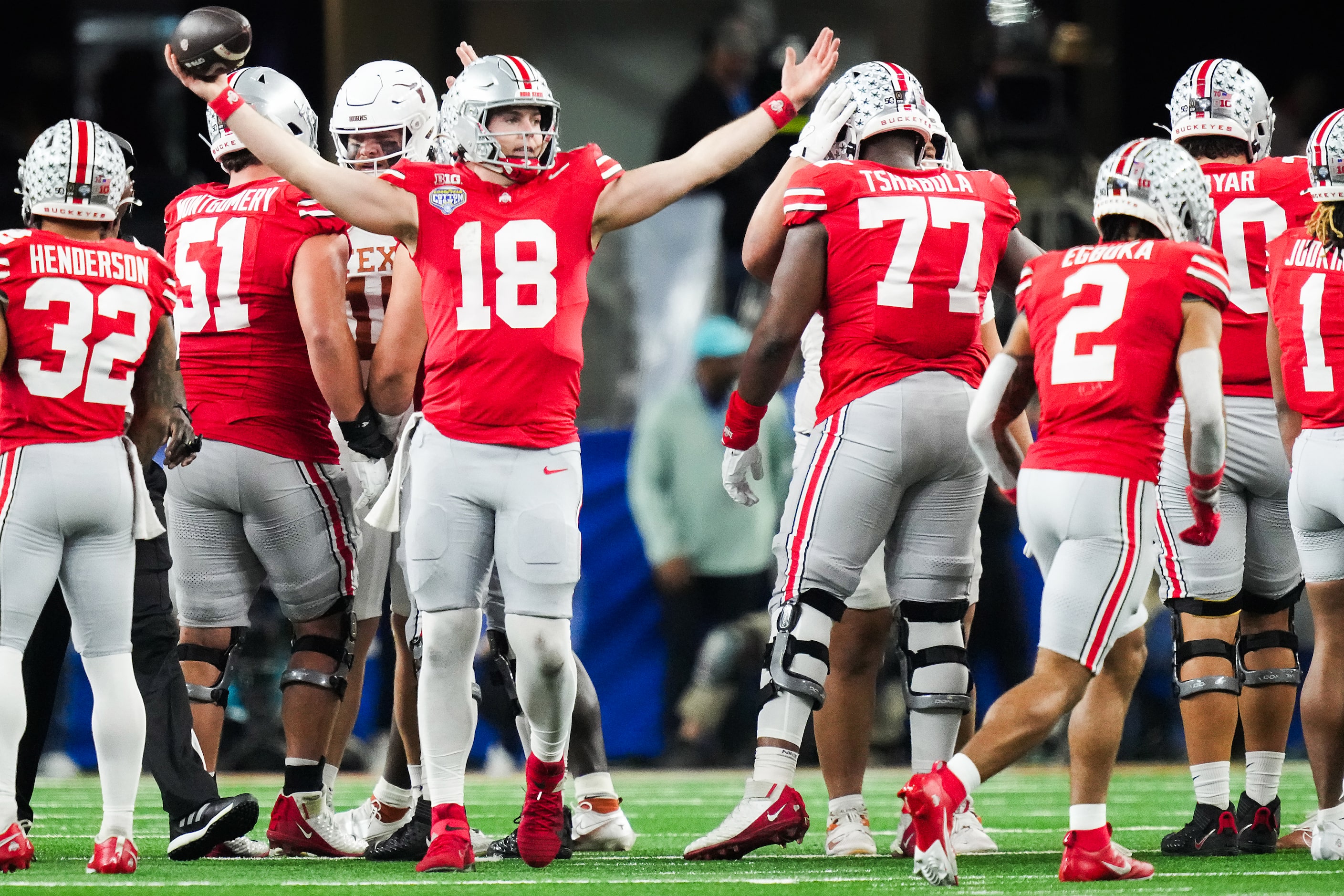 Ohio State quarterback Will Howard (18) celebrates as time expires on a victory over Texas...