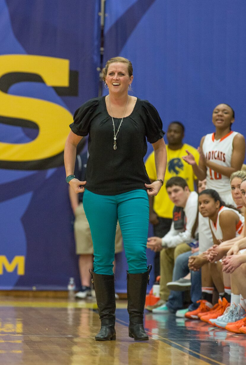 COMMERCE, TX - FEBRUARY 22: Head coach Jordan Davis of the Celina Ladycats reacts to an...