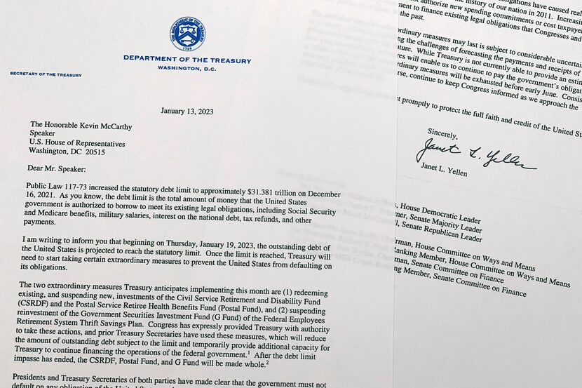 The letter from Treasury Secretary Janet Yellen to House Speaker Kevin McCarthy of Calif.,...