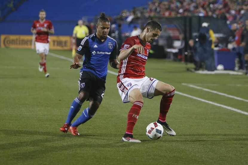 FC Dallas Matt Hedges 24 with the ball during action between FC Dallas vs San Jose at Toyota...