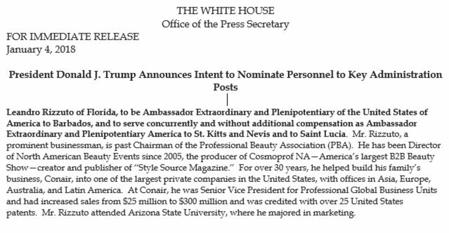 The White House announced the Rizzuto nomination on Jan. 4.