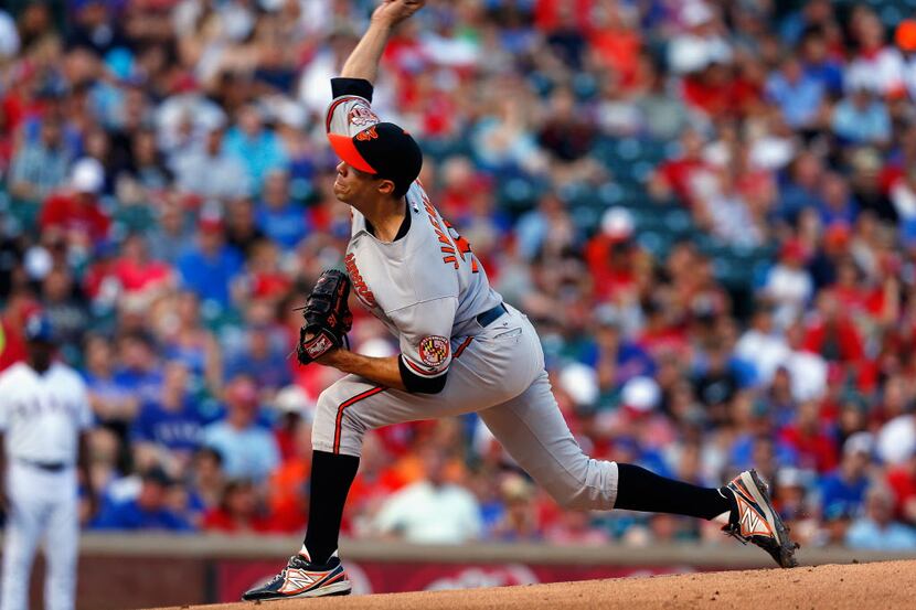 Ubaldo Jimenez of the Baltimore Orioles pitches against the Texas Rangers in the bottom of...