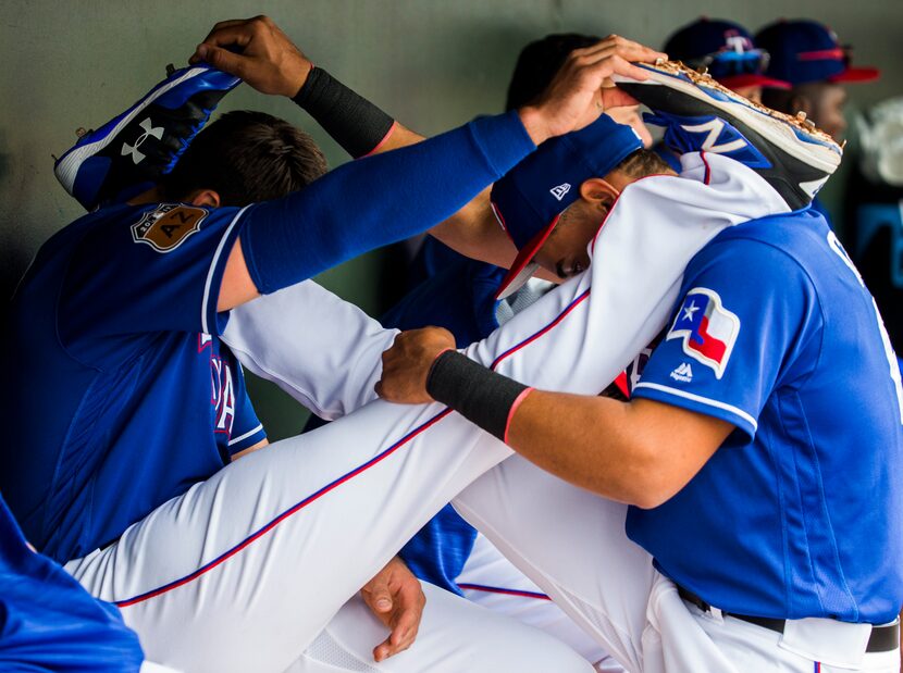 Texas Rangers designated hitter Joey Gallo (13) and Texas Rangers first baseman Ronald...