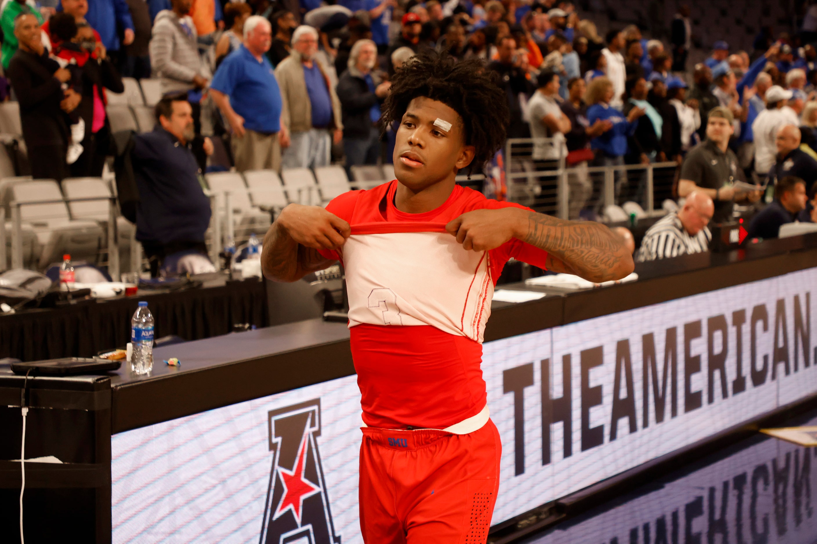 SMU guard Kendric Davis (3) walks off the court after they lost to Memphis during the AAC...