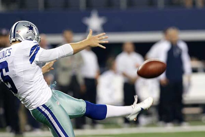 Cowboys punter Chris Jones hit the bottom of the video board on this kick. (AP photo)