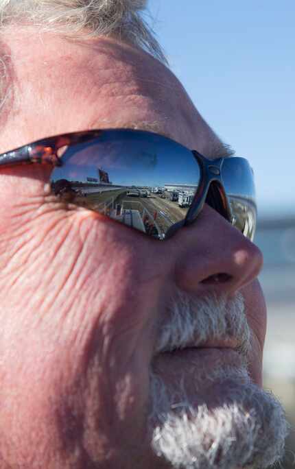 RVs, reflected on Jimmy Martin's sunglasses, parked on the infield at the Texas Motor Speedway,