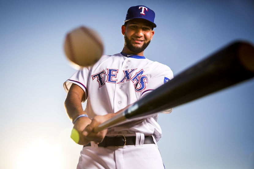 Texas Rangers outfielder Nomar Mazara photographed during spring training photo day at the...