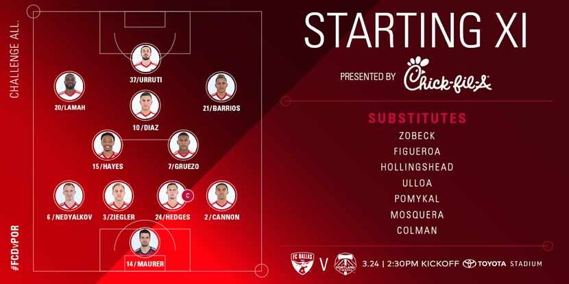 The FC Dallas starting XI vs Portland Timbers. (3-24-18)