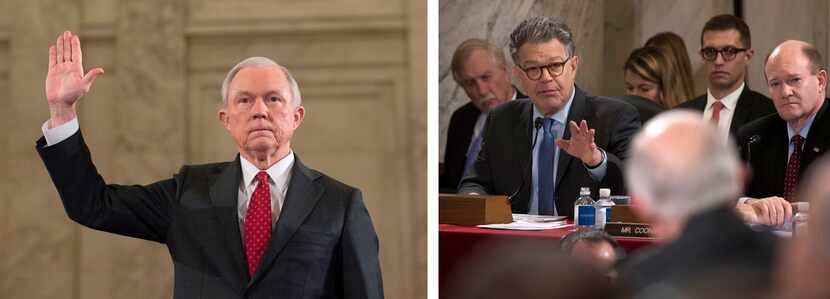 (LEFT) Sen. Jeff Sessions, R-AL, is sworn in before the Senate Judiciary Committee during...