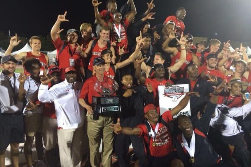 The Texas Tech men's track and field team celebrates its 2014 Big 12 Conference Track and...