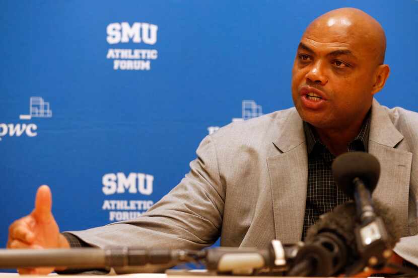 Former NBA player and TV analyst Charles Barkley answers questions from the media at the SMU...