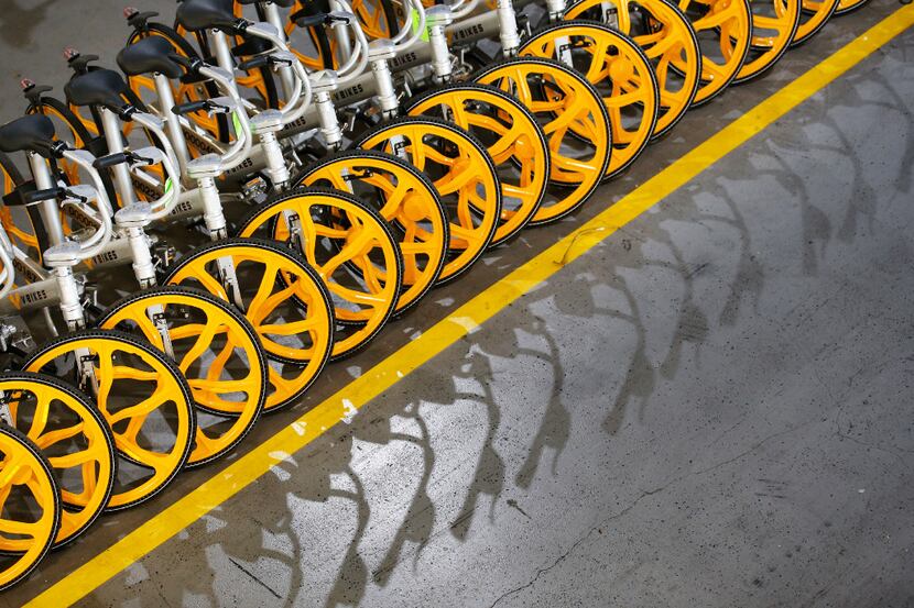 A row of assembled VBikes, a rent-a-bicycle via downloadable app, are lined up at Massimo in...