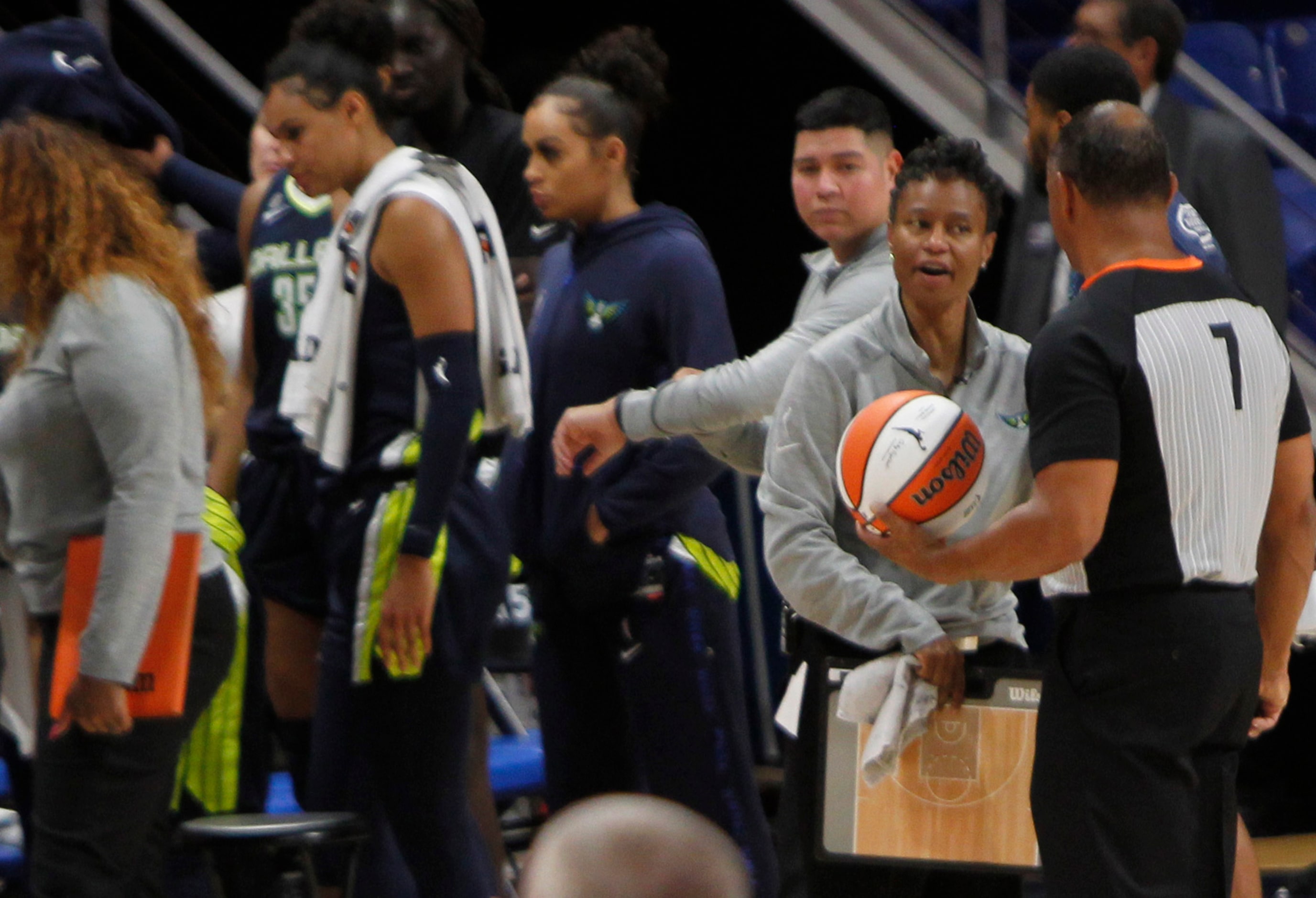 Dallas Wings head coach Vickie Johnson questions the lack of a call with a game official...