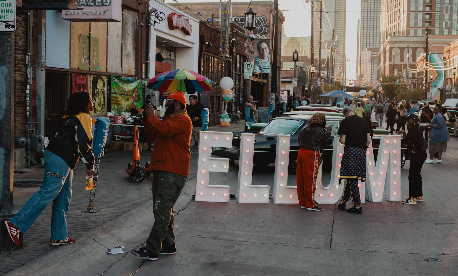 A street during sunset at The Deep Ellum Bock Party in Dallas, TX on Novermber 23, 2024. 