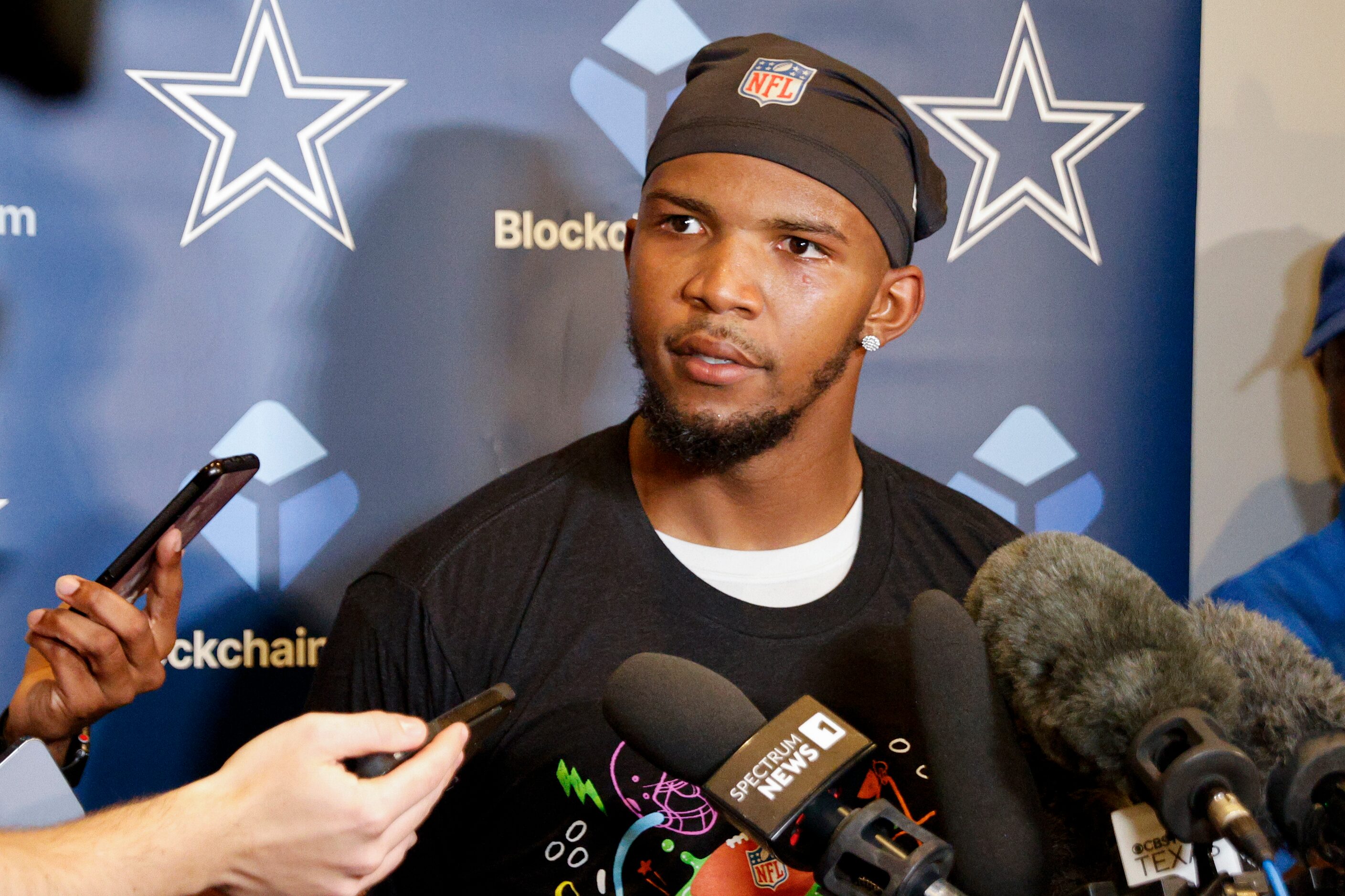 Dallas Cowboys running back Tony Pollard speaks with reporters after a practice at The Star,...