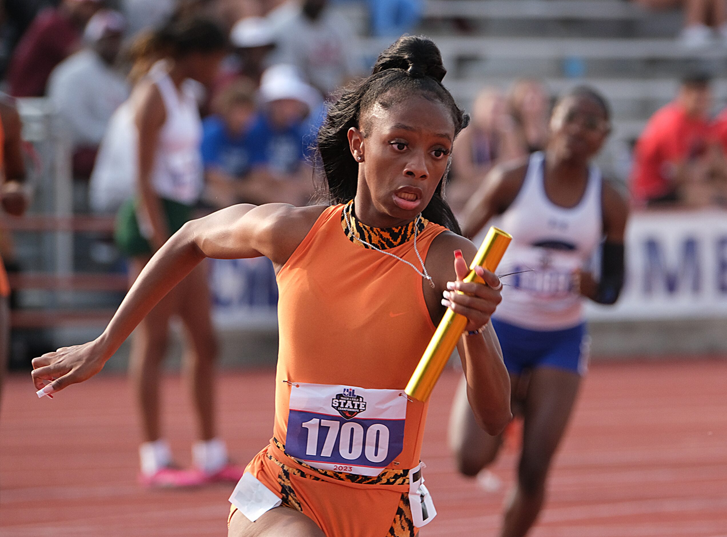 The team from Lancaster competes in the 4x200M relay at the UIL State track championships at...