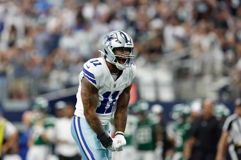 Dallas Cowboys linebacker Micah Parsons (11) celebrates after a sack during an NFL football...