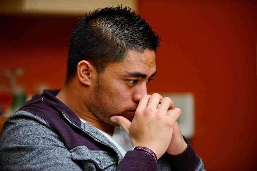 In a photo provided by ESPN, Notre Dame linebacker Manti Te'o pauses during an interview...