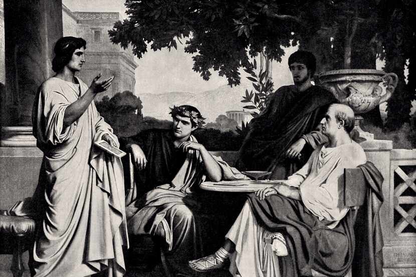Virgil, Horace and Varius, at the house of Maecenas. Vintage engraving circa late 19th...