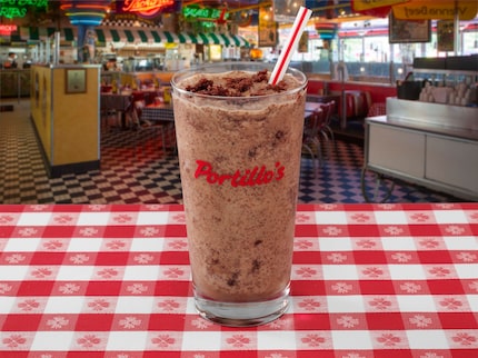 Portillo's chocolate cake shake is made with half-slice of chocolate cake and ice cream.