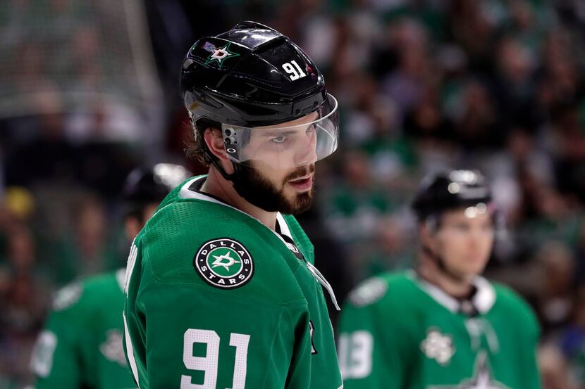 Dallas Stars center Tyler Seguin (91) prepares for a face off during an NHL hockey game...