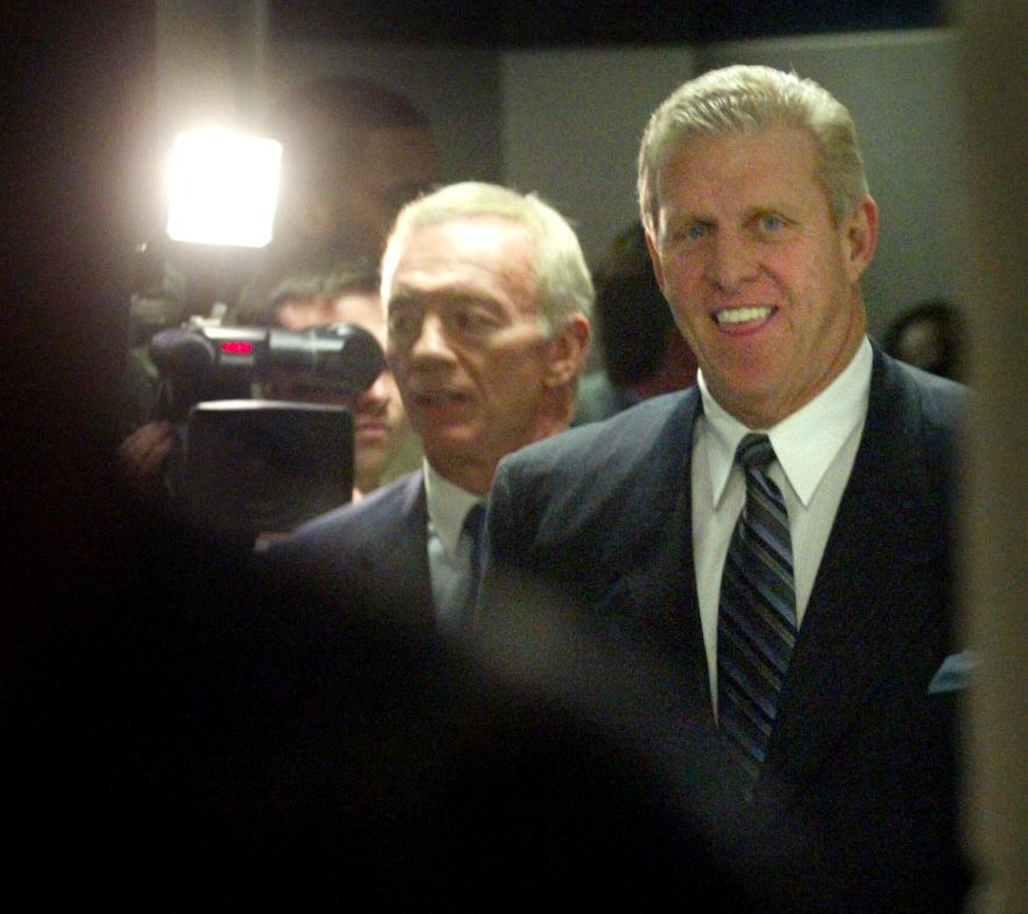 Cowboys owner Jerry Jones (left) and Bill Parcells approach the Valley Ranch press...