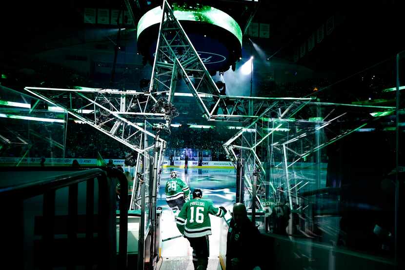 Dallas Stars center Joe Pavelski (16) returns to the ice for the first time since suffering...