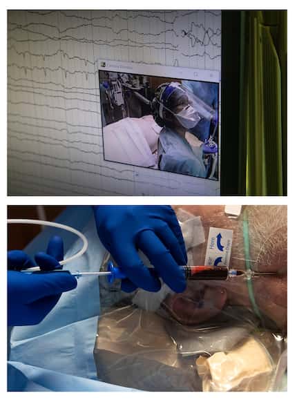 In these paired images, Dr. Catherine Chen appears on a camera monitor as she reads oxygen...