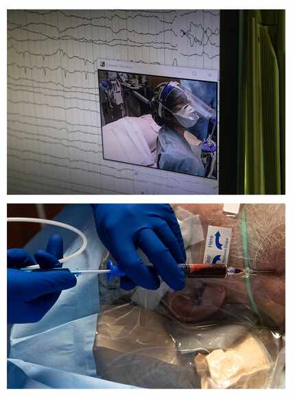 In these paired images, Dr. Catherine Chen appears on a camera monitor as she reads oxygen...