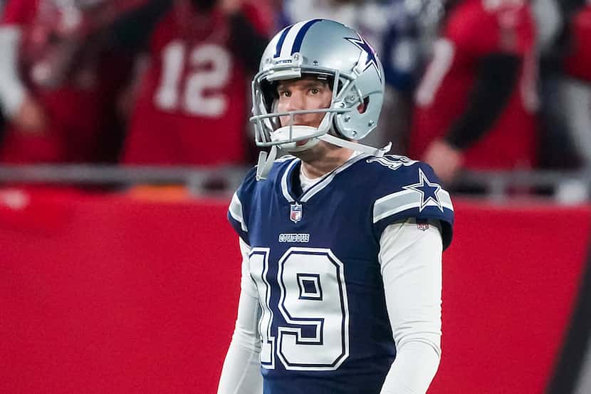 Dallas Cowboys place kicker Brett Maher reacts after missing a point after try during the...