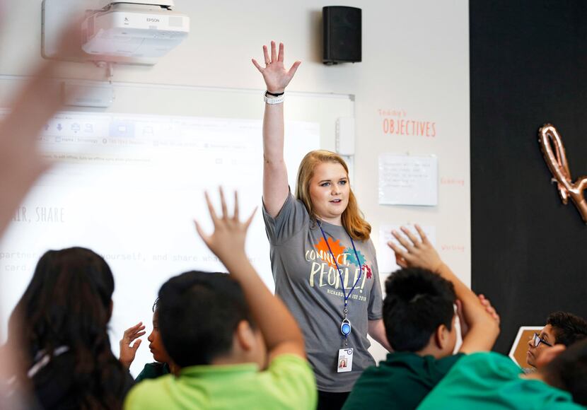 Caroline Rodgers teaches during her sixth-grade class at Carolyn G. Bukhair Elementary...
