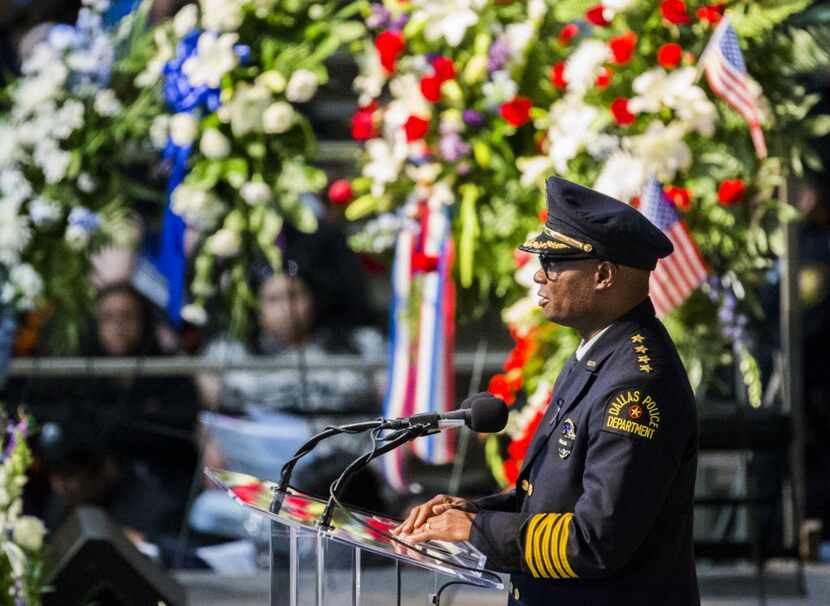 Brown speaks during a funeral service for Dallas police Officer Patrick Zamarripa, one of...