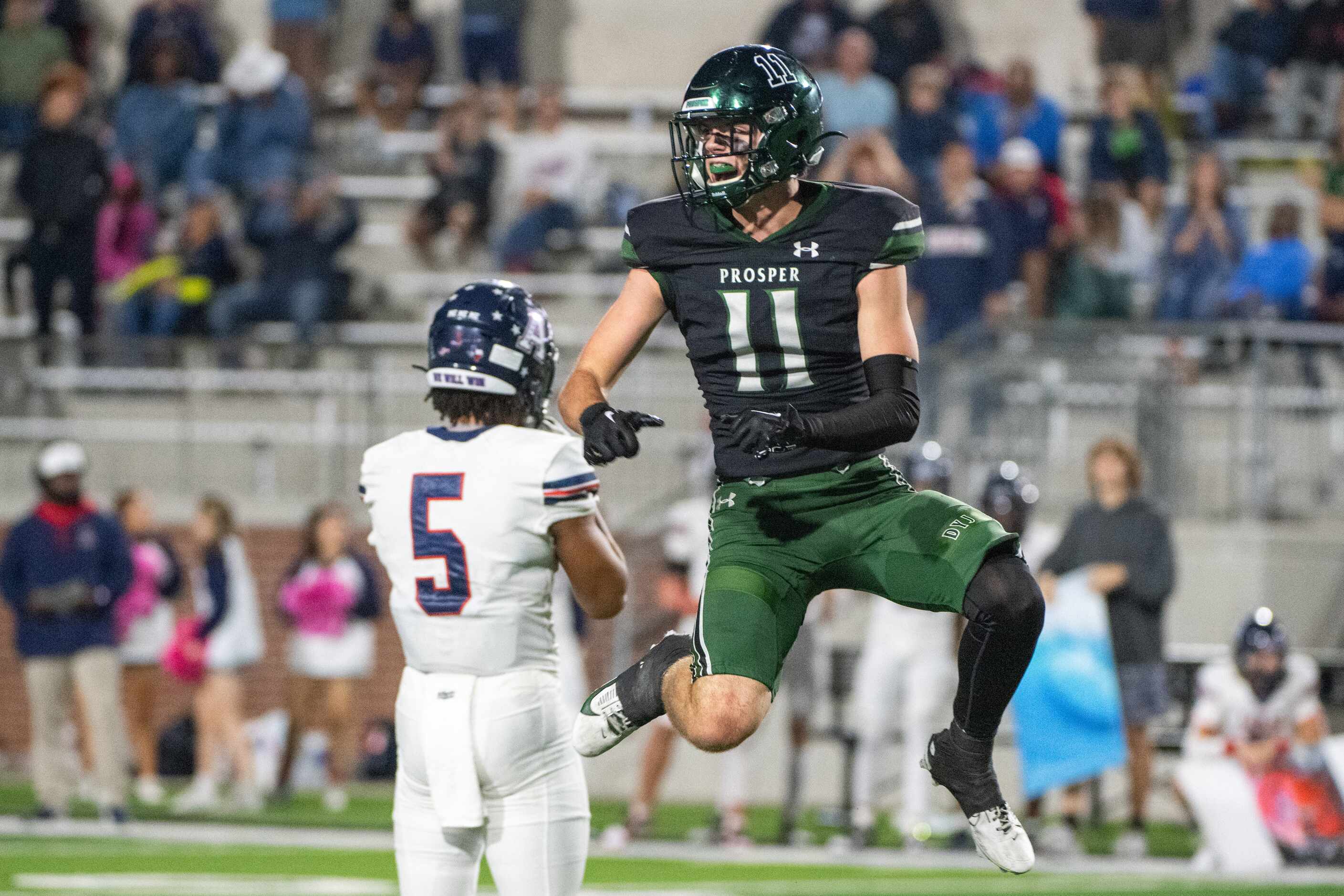 Prosper's Trevor Ellis (11) celebrates after a defense stop to in the last minutes of the...
