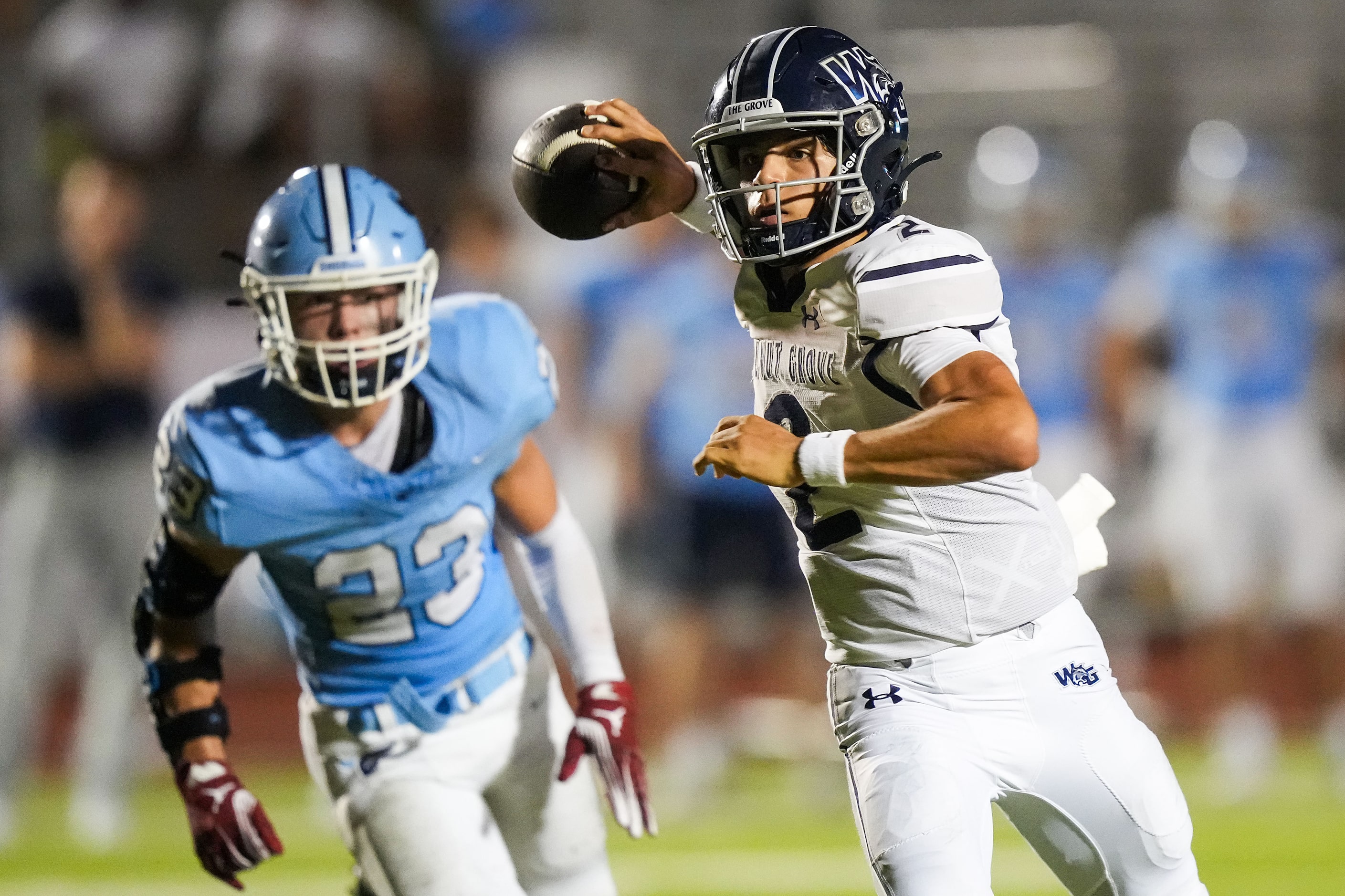 Prosper Walnut Grove quarterback Hayes Hackney (2) throws a pass as he scrambles away Frisco...