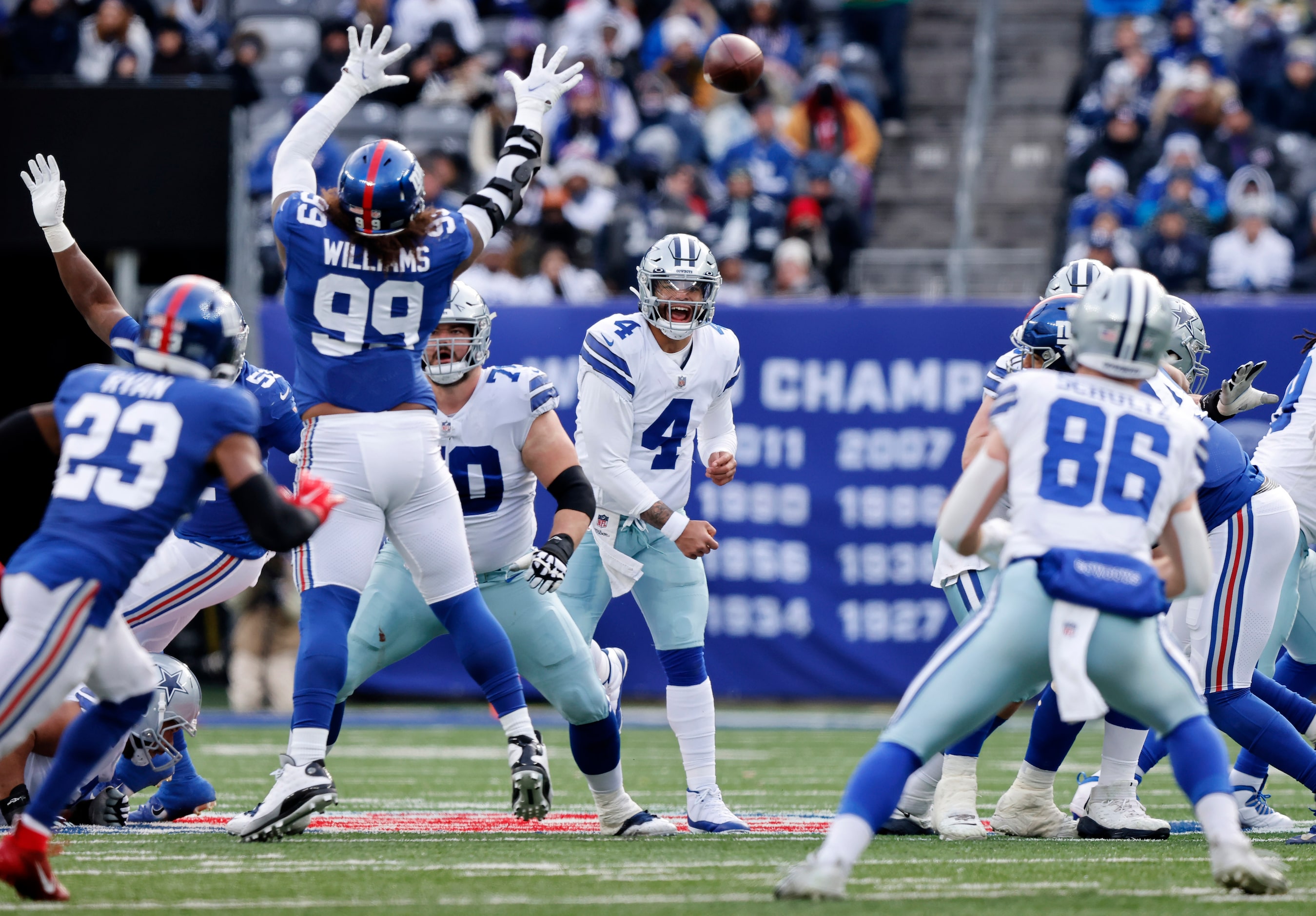 Dallas Cowboys quarterback Dak Prescott (4) throws a second quarter pass to tight end Dalton...