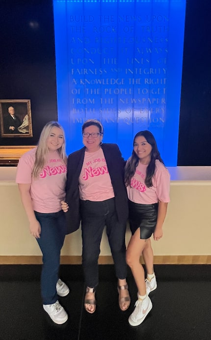 From left to right, Alexandra Skores, Maria Halkias and Zaira Perez Viera wear their Barbie...