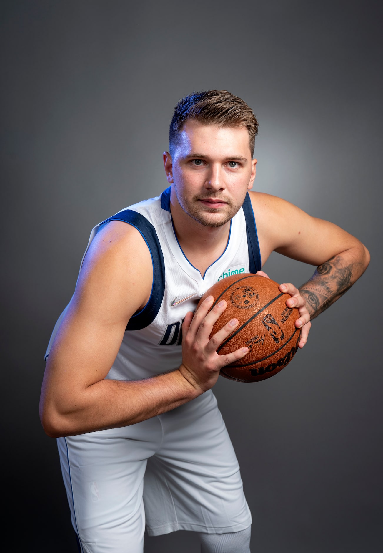 Dallas Mavericks guard Luka Dončić poses for a portrait during the Dallas Mavericks media...