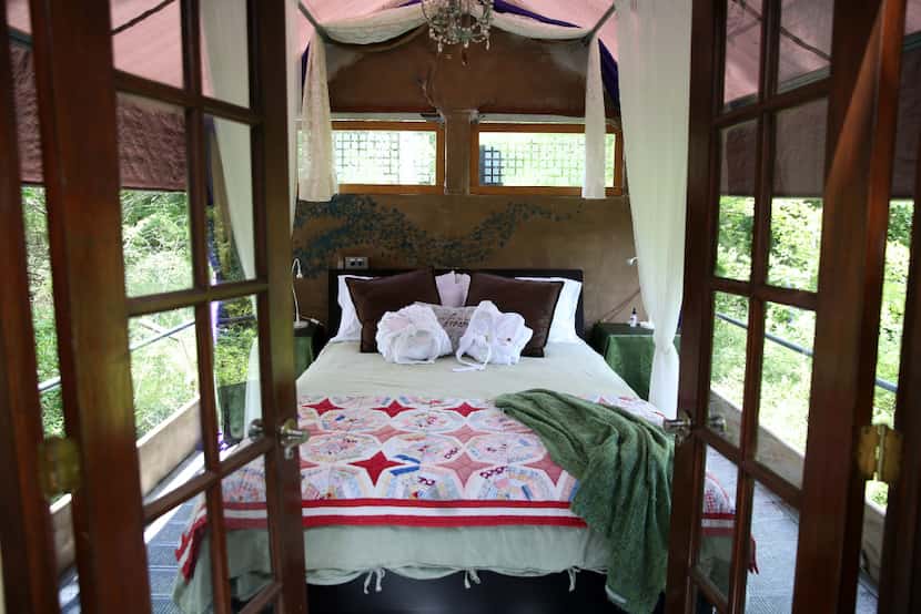 The open-air bedroom in the Majestic Oak Treehouse at Savannah's Meadow in Celeste.
