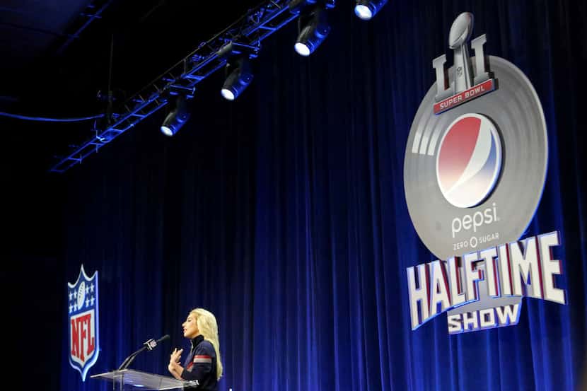 Lady Gaga is seen at a press conference for the Super Bowl Halftime Show on Thursday,...
