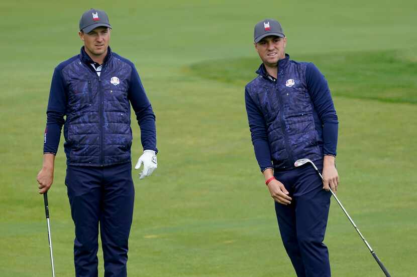 Team USA's Jordan Spieth watches a shot by Team USA's Justin Thomas during a practice day at...