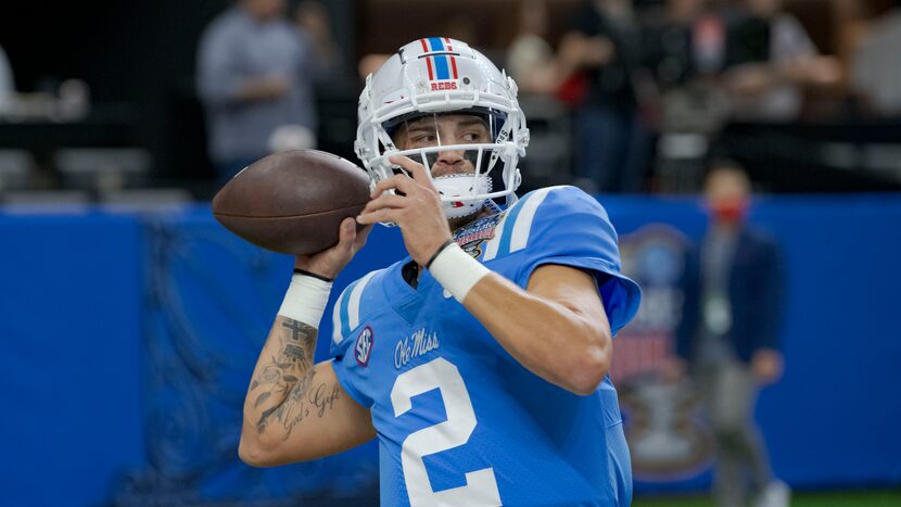 Mississippi quarterback Matt Corral (2) throws at the Sugar Bowl NCAA college football game...