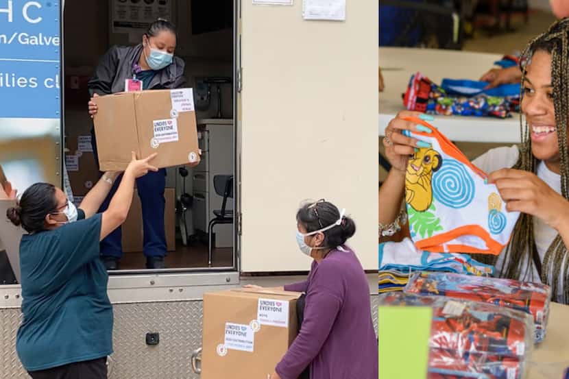 On the left, three masked women carry boxes for underwear donations; on the right, a young...