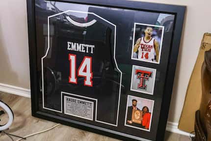 Andre Emmett's former Texas Tech basketball jersey sits at his mother's home, Regina Oliver...