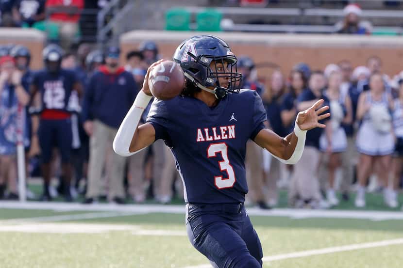 Allen’s Michael Hawkins throws a touchdown pass against Southlake Carroll during the first...