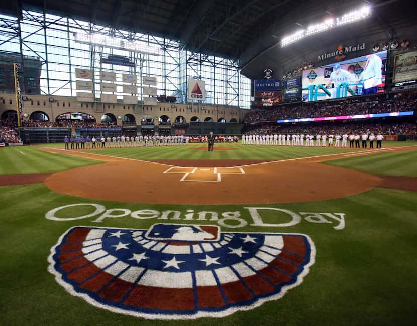 The opening day ceremonies before the Texas Rangers vs. Houston Astros season opener at...